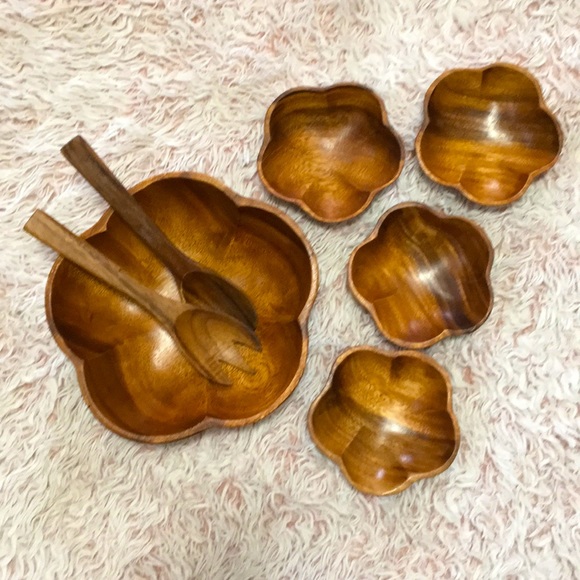 Vintage Other - 🥙VTG 70’s wooden boho 7 piece salad bowl set